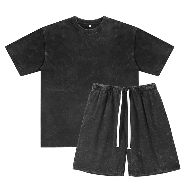 Wholesale 250g Custom Logo Men's Sports Workout Jogging Set Heavyweight Plain Solid T Shirt Shorts for Summer