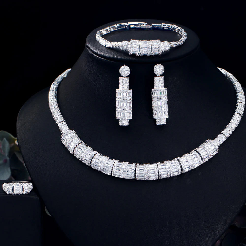 4pcs Shiny Arab Arabic Cubic Zirconia Round Necklace Bridal Jewelry Set Wedding Party Wear Luxury Dress Accessories for Women