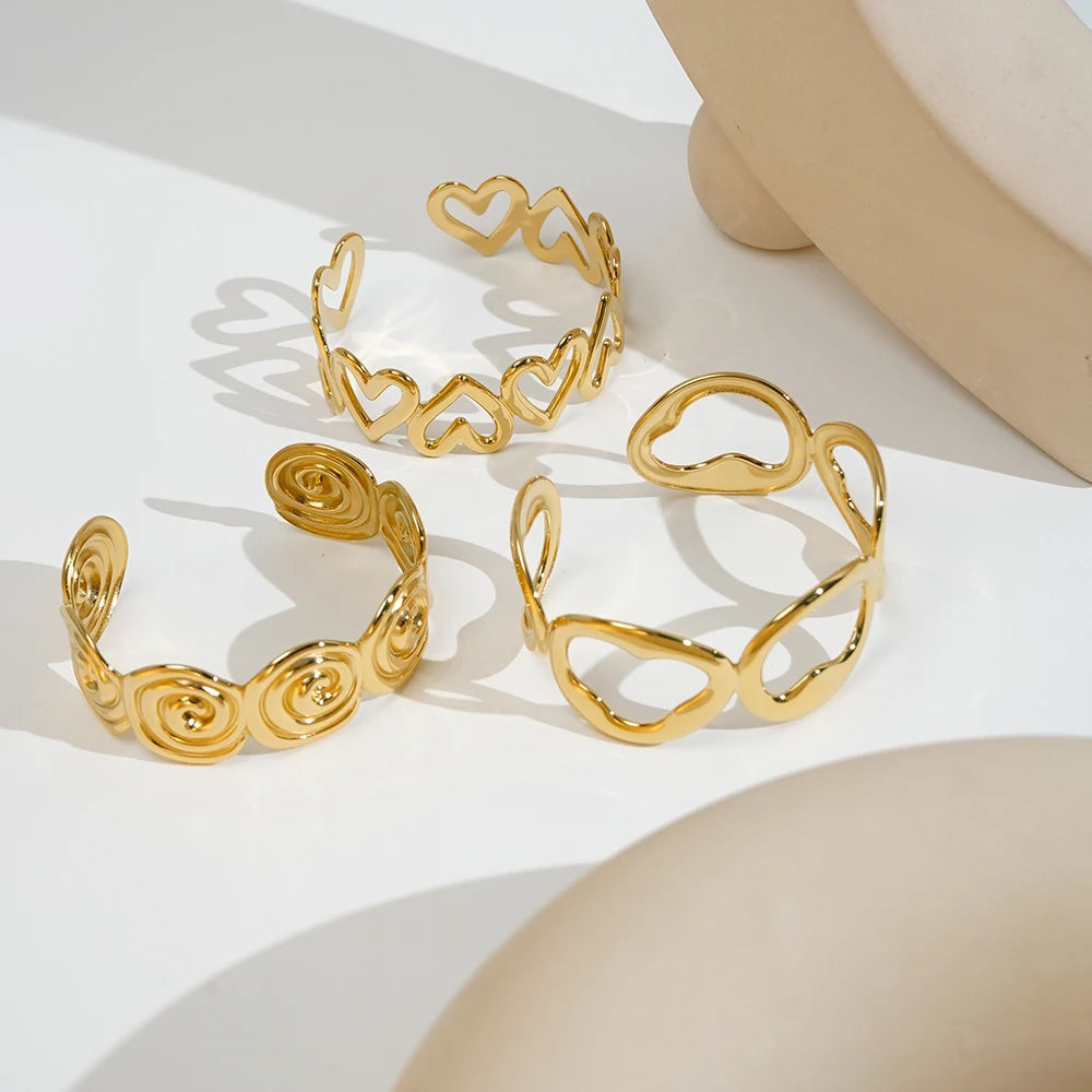 18K Gold Plated Stainless Steel Jewelry Spiral Hollow Heart Shaped Adjustable Open Bangle Waterproof for Woman Bracelet B242491