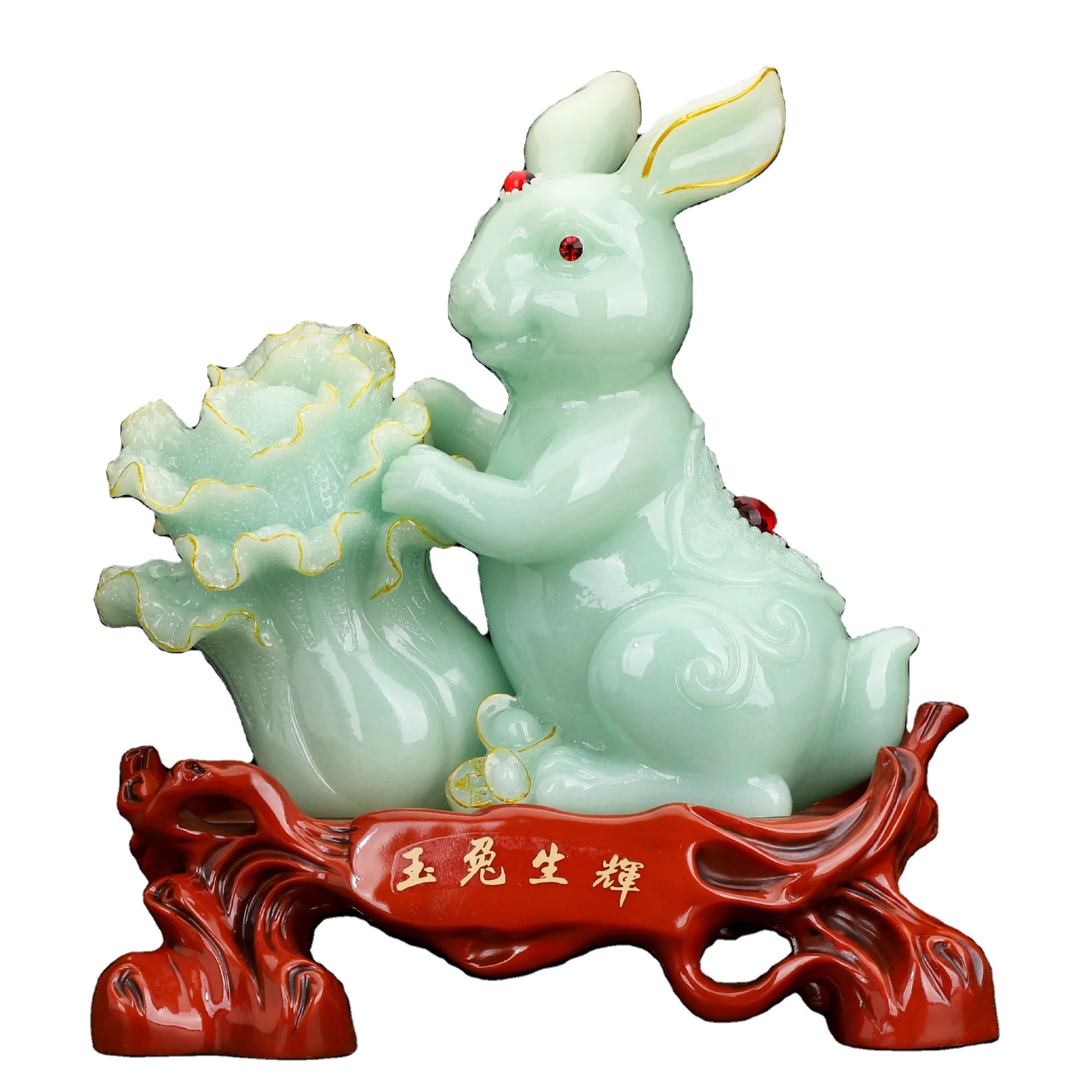 2026 Feng Shui Zodiac Rabbit Sculpture Lucky Wealth Chinese Golden Rabbit Cabbage StatueHome Decoration Animal Fortune Gift