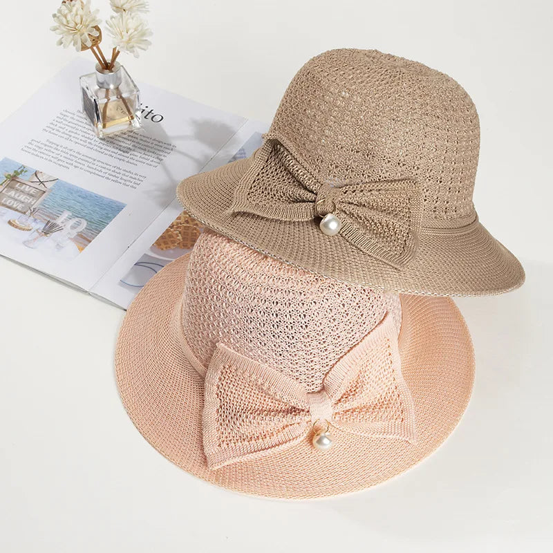 MIO Summer Straw Hats Beach Cap Big Brim Sunshade Elegant Lady Cap Sweet Bowknot With Pearl