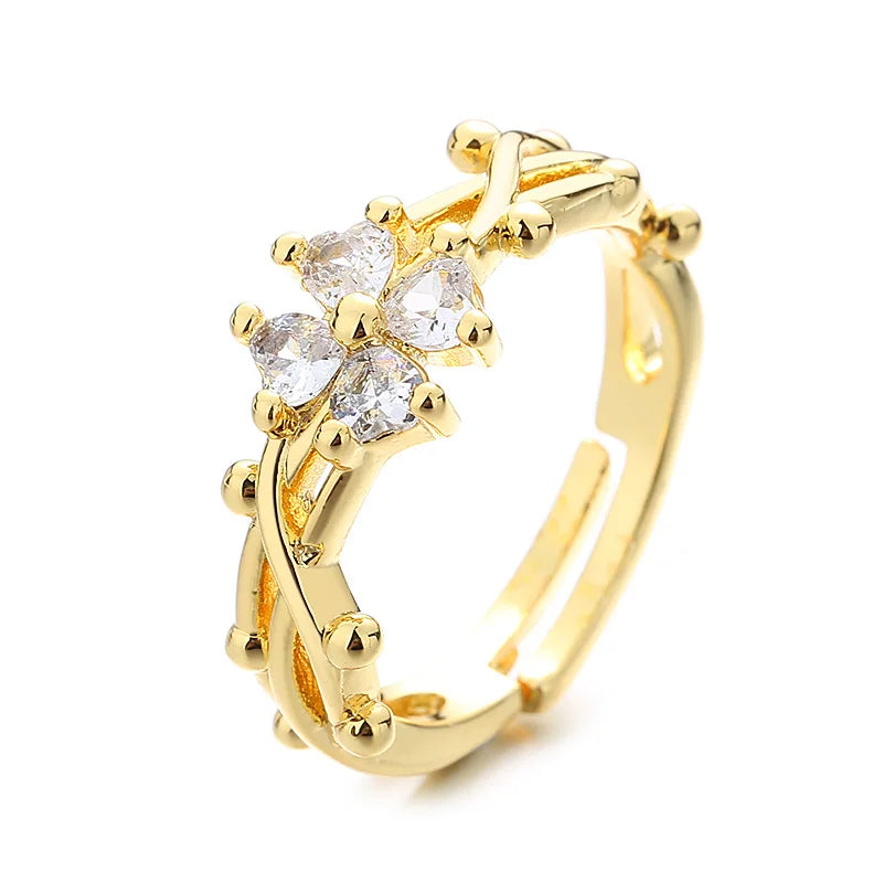 Wholesale Female Alloy Brass Fine Gold Plated White Cz Zircon Four Leaf Clover Charm Open Cuff Resizable Finger Ring Jewelry
