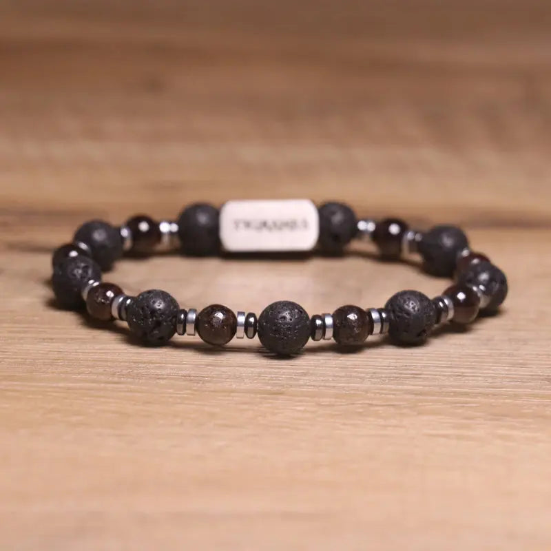 Natural Lava Stone Bracelet Stainless Steel Charm Healing Energy Bracelet for Women Men Red Garnet Beaded Elastic Bracelet