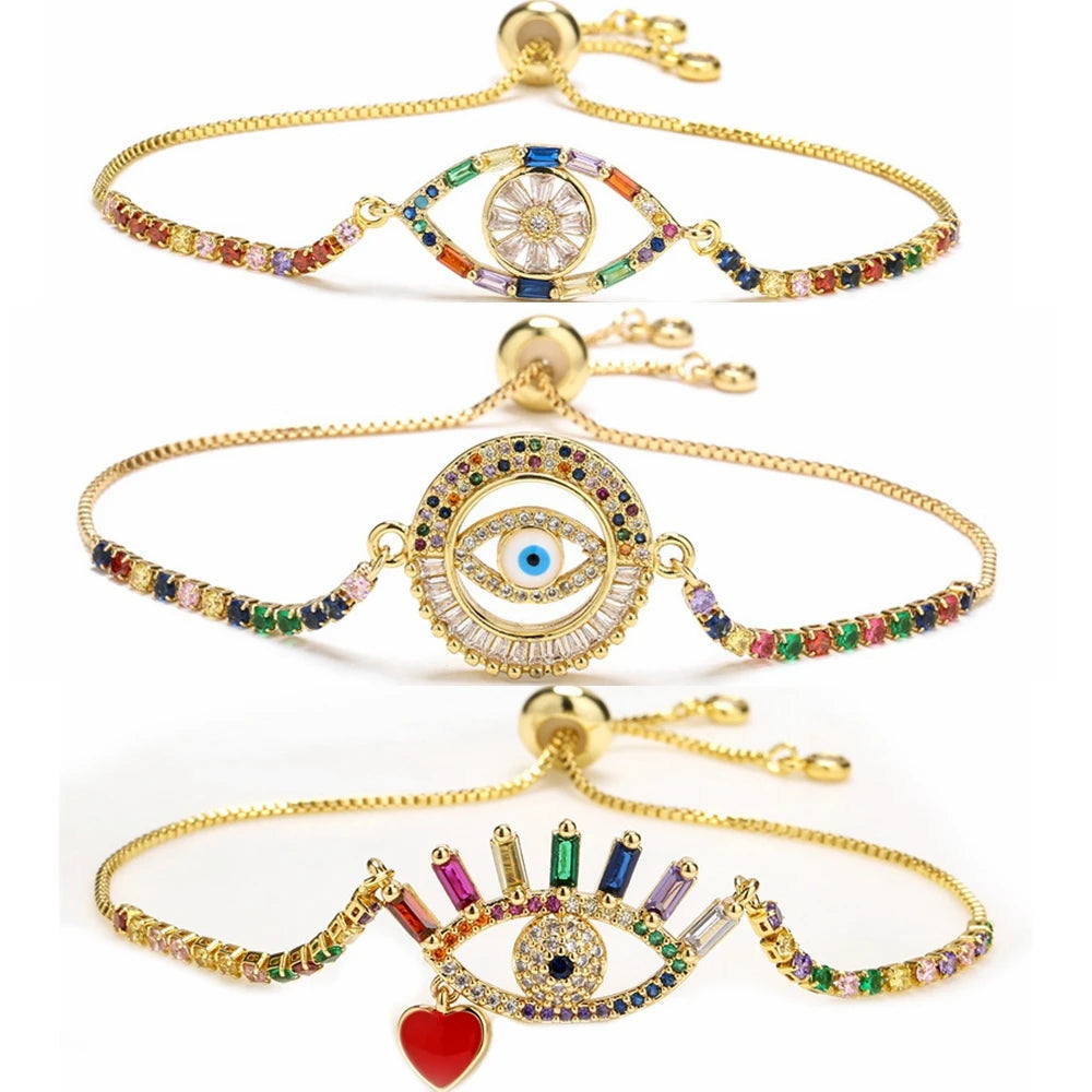 Fashion Adjustable Chain Geometric Turkey Eye Bracelet Copper Zircon Micro Inlaid Heart Devil Eye Bracelets