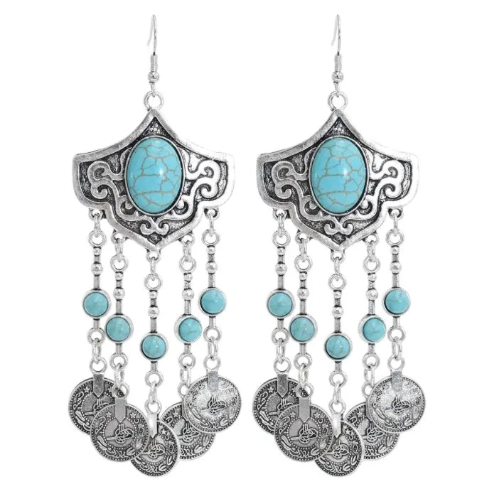 Ethnic Bohemian Coin Tassel Drop Earring Antique Green Stone Turquoise Tribal Earrings Broncos Fashion Party Jewelry