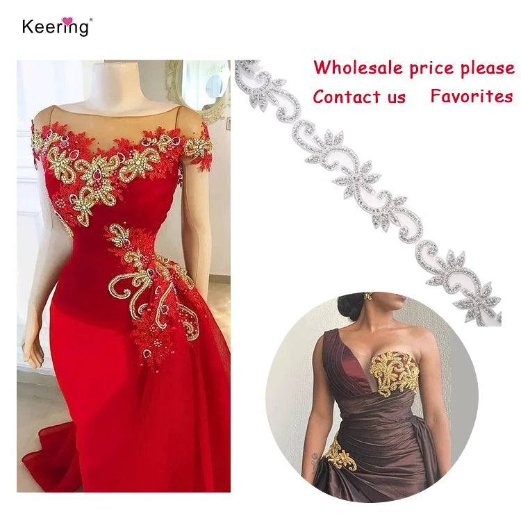 Gold Rhinestone Bling Bridal Belt Craft Chain Crystal Costume Dress Diamond Applique Patch Trimmings for Sewing Clothes WRA-304