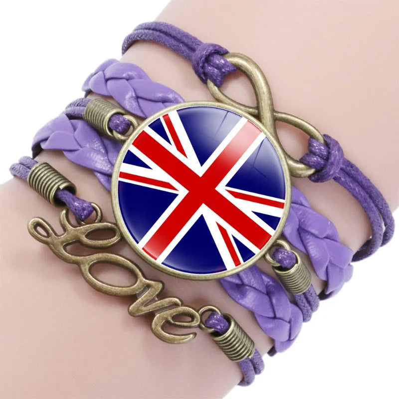 Manufacturer European National Country Flag Design Infinity Love Purple Leather Wrap Bracelet
