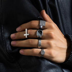 5Pcs/Set Gothic Silver Color Cross Ring for Men Vintage Personalized Punk Rings Set Grunge Emo Star Anillos Hip Hip Jewelry Gift