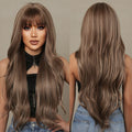 Wig Manufacturer Long Loose Wavy Mixed Brown Blonde Synthetic Wigs with Bangs Highlights Hair Wigs for Black Women
