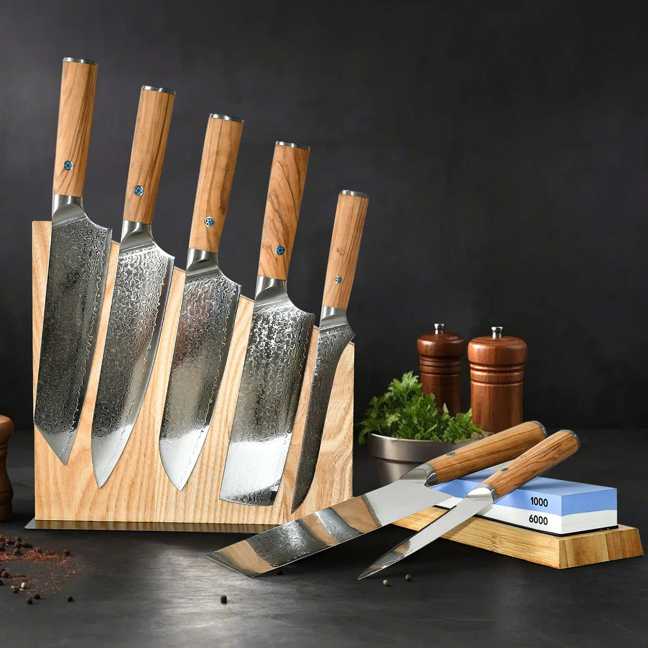 Cuchillos De Cocina Profesional Bone Cutting Knife Japanese Damascus Chef Messer Kitchen Knife Set With Whetstone Sharpener