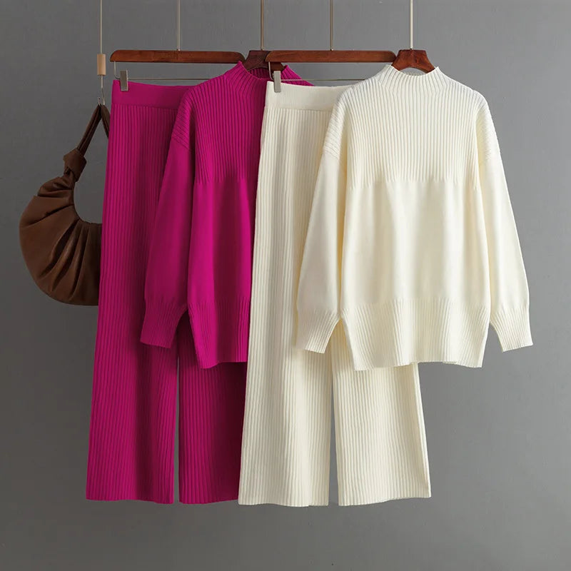 Slit Pullovers Sweater Pants Set Women Autumn Casual Sweater Top Two Piece Trouser Set Knitted