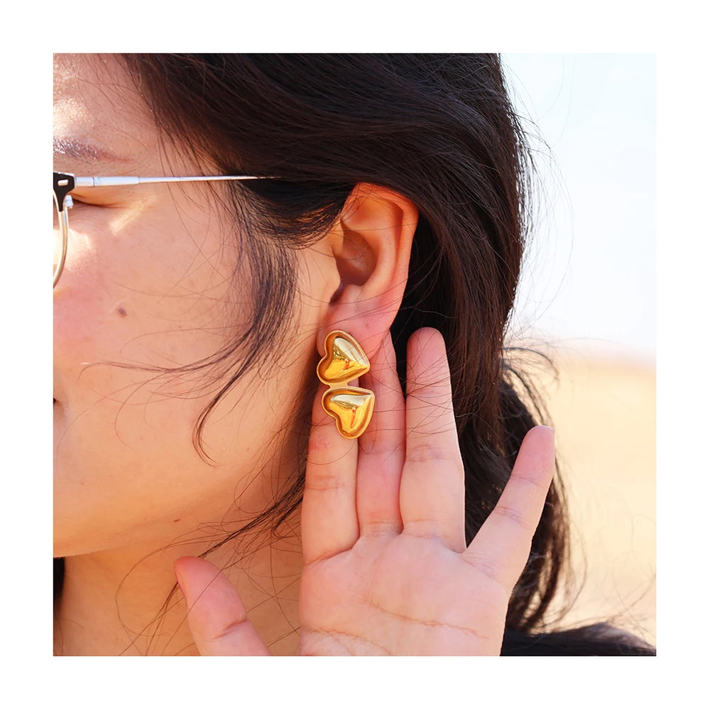 New Stainless Steel Double Heart Earring High Quality Waterproof Hypoallergenic Fashion Statement Hoop Stud Jewelry Tarnish Free