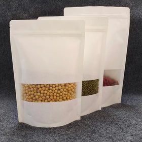 Stand up White Kraft Paper Reclosable Zip Lock Plain Heat Sealable Food Packaging Doypack Pouches Bags With Matte Window