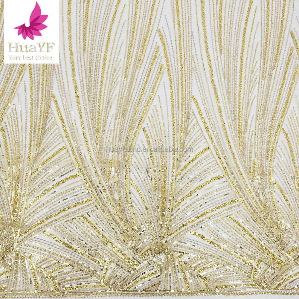 HY2310-4 Romantic French Gold Beaded Sequin Lace Embroidery Wedding Bridal Gown Women Fabric
