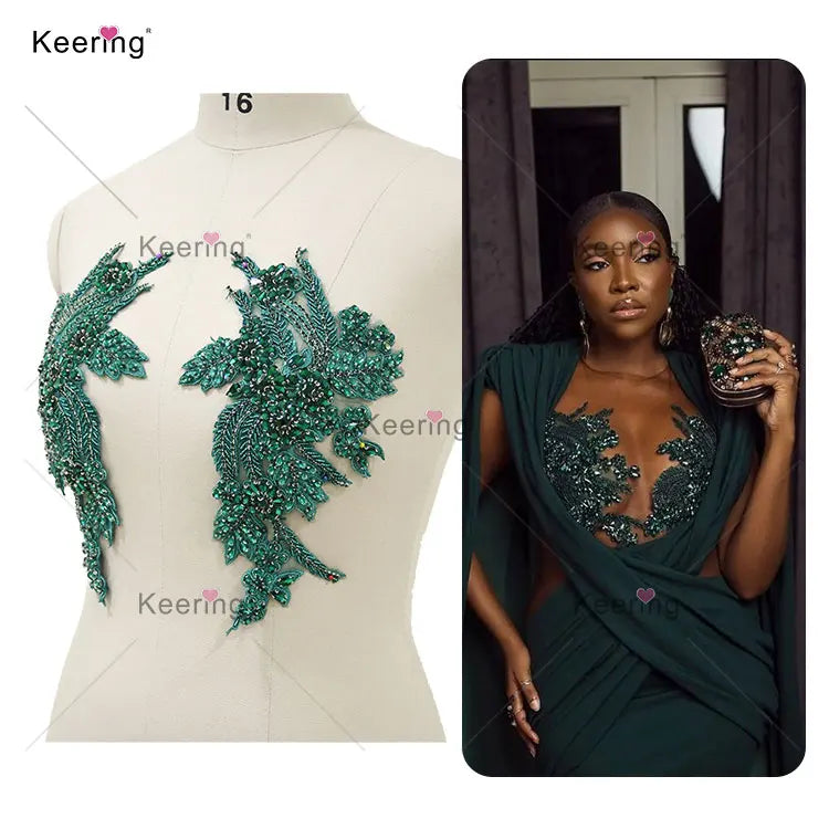 WDP-296 Bridal Wedding Panel Sew on Rhinestone Green Applique for Dresses Patches Garment