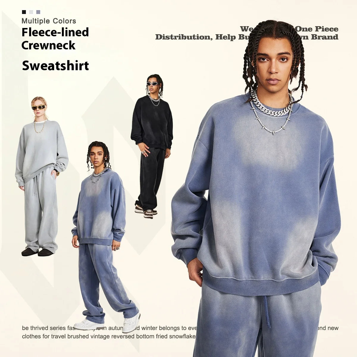 2024 Men's Autumn Fashion Retro Hip-Hop Style Gradient Fleece Pullover Loose Crew Neck Top 100% Cotton Solid Pattern for Winter