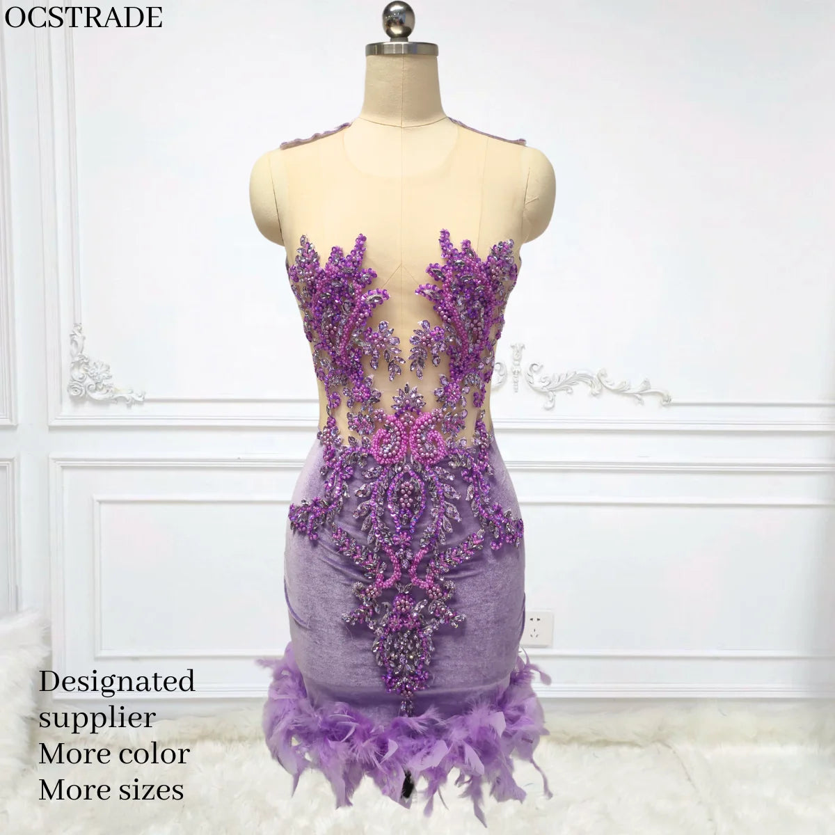 Ocstrade Sparkly Rhinestone Velvet Club Party Dress With Feather Sleeveless Sheer Mesh Short Club Party Dresses for Women