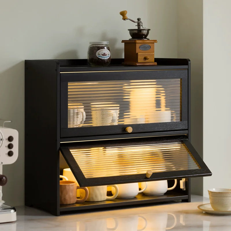 Black Desktop Large Bamboo Bread Box Lockers Tabletop Multi-layers Storage Cabinets Cosmetic Container with Clear Acrylic Window