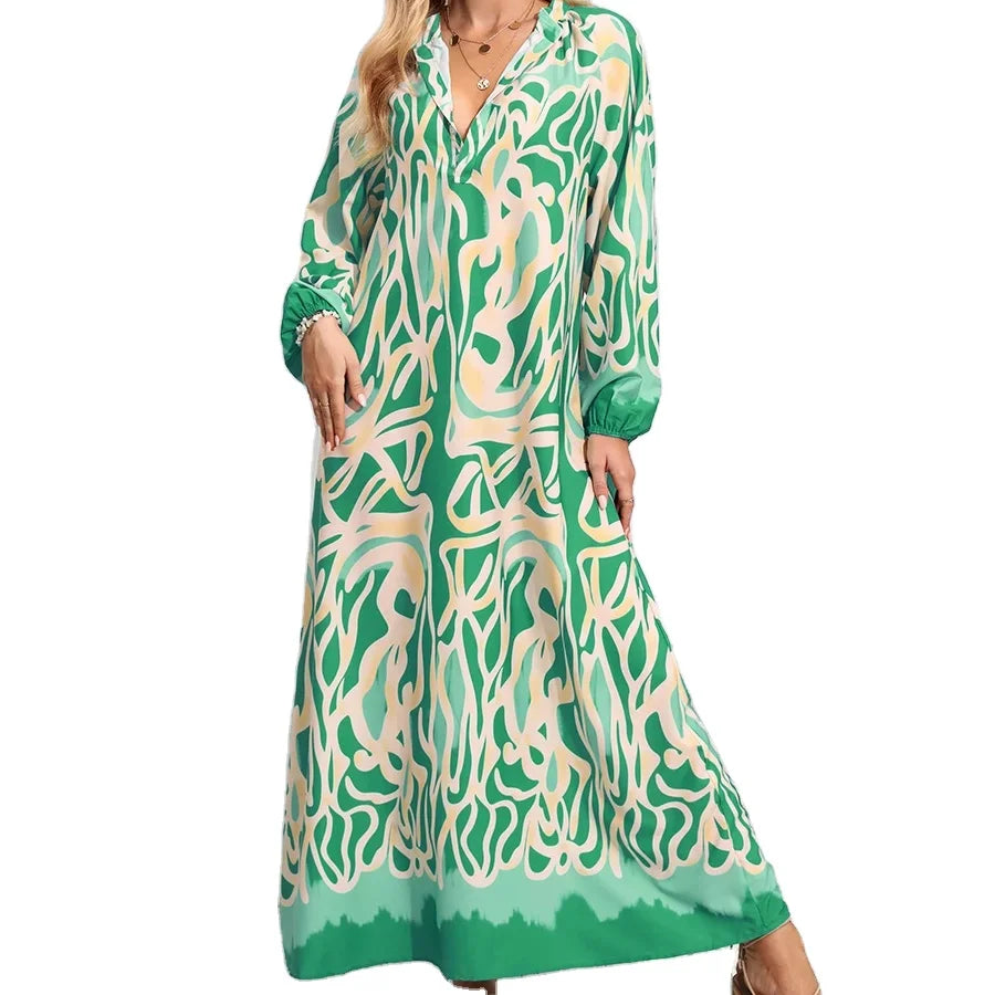 Women's Spring and Autumn Pullover V-neck Sexy Print Large Swing Long Sleeve Dress