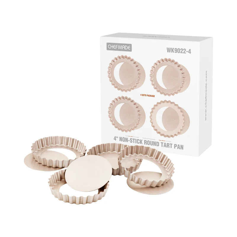 CHEFMADE WK9022 Bakeware Removable Loose Bottom 4-Inch 4Pcs Oven Baking Carbon Steel Non-Stick Round Quiche Mini Tart Pan Set