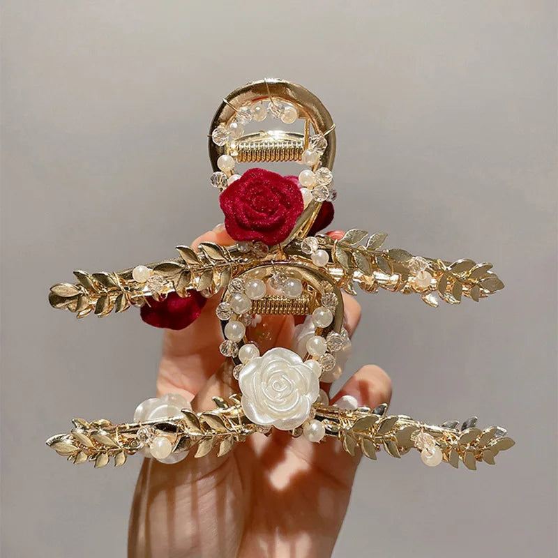 YJL Wholesale Fashion High Quality 11cm Large Rose Flower Alloy Metal Hair Claw Hair Clips for Women