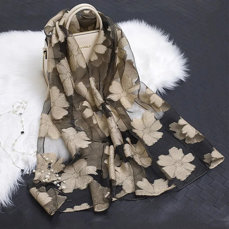 Wholesale Like-Silk Organza Cashew Scarf Embroidery Sunscreen Shawl Long Lace Feather Leaf Pattern Other Scarves