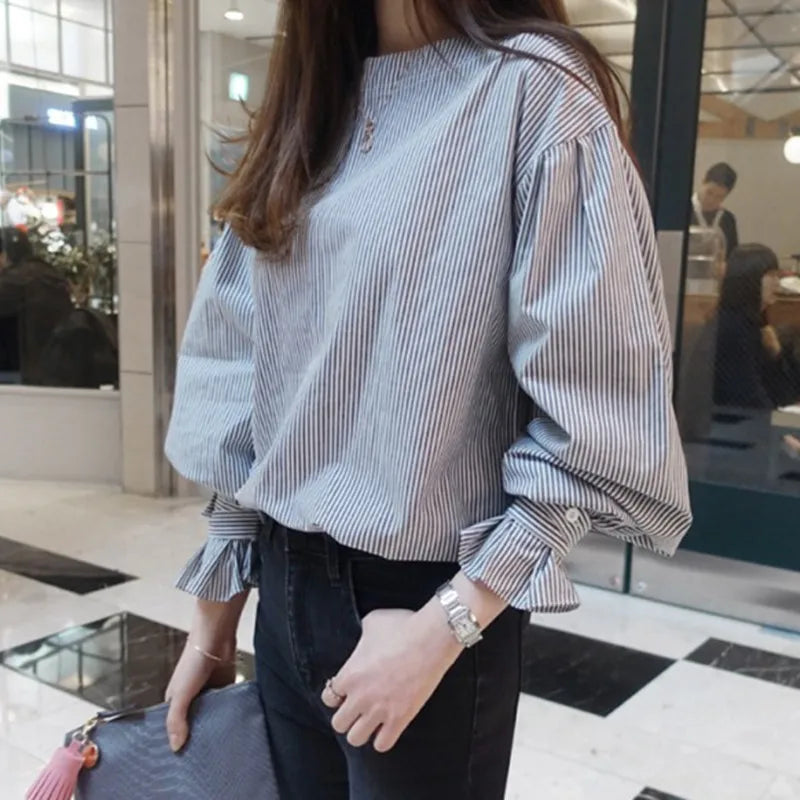 Spring and Autumn New Korean Casual Striped Lantern Long Sleeve Pullover Shirt Commuter Style Shirt