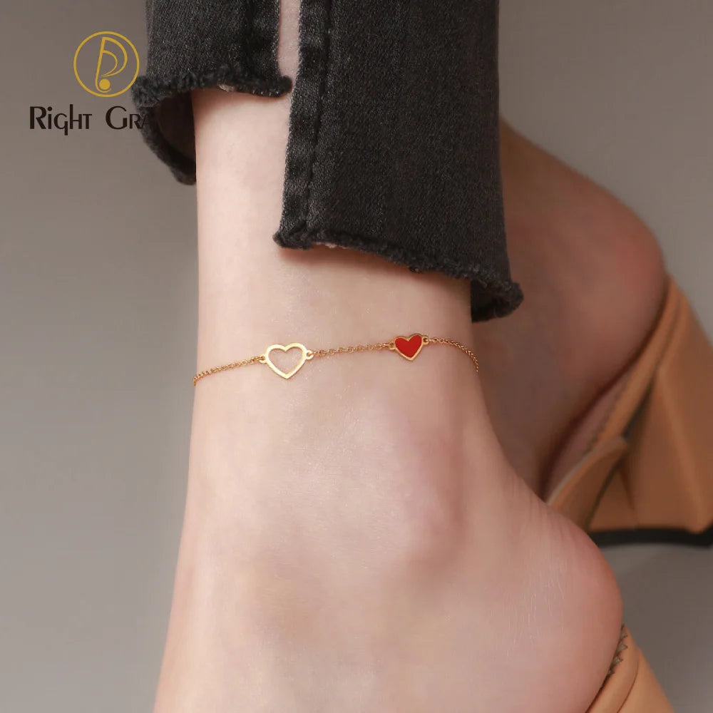 Gift Stainless Steel Enamel Love Double Heart Anklet Gold Plating Red Heart Ankle Jewelry