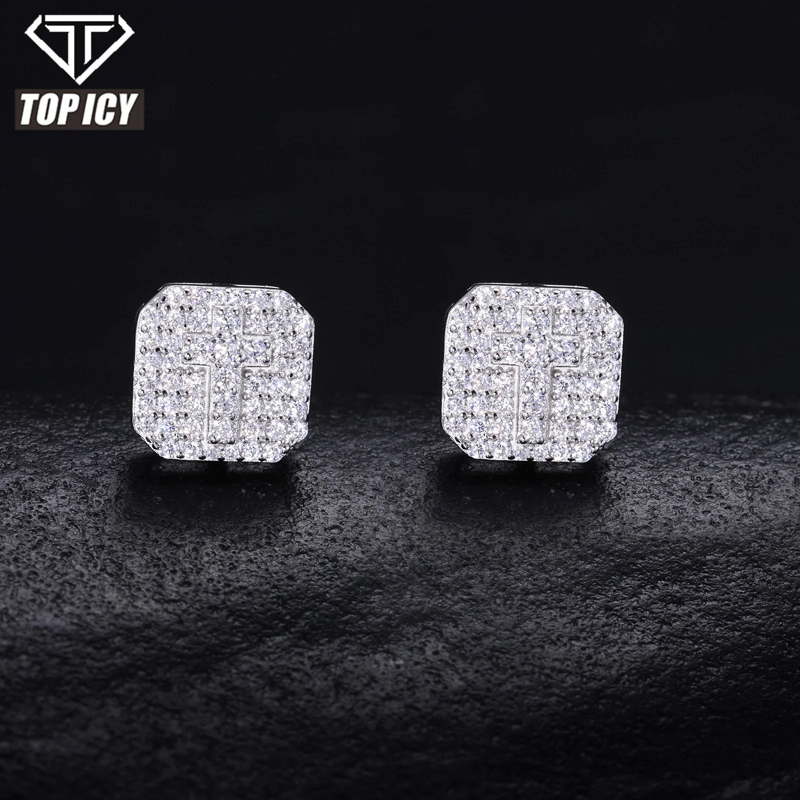 Trendy Luxury Waterproof 925 Sterling Silver Square Earrings Men's Gift Iced VVS D Moissanite Cross Stud Studs