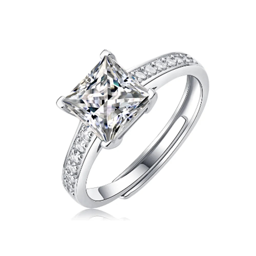 1Carat 2Carat Sterling Silver 925 Ring for Women Square Moissanite Adjustable Size Wedding Ring Girl Gift