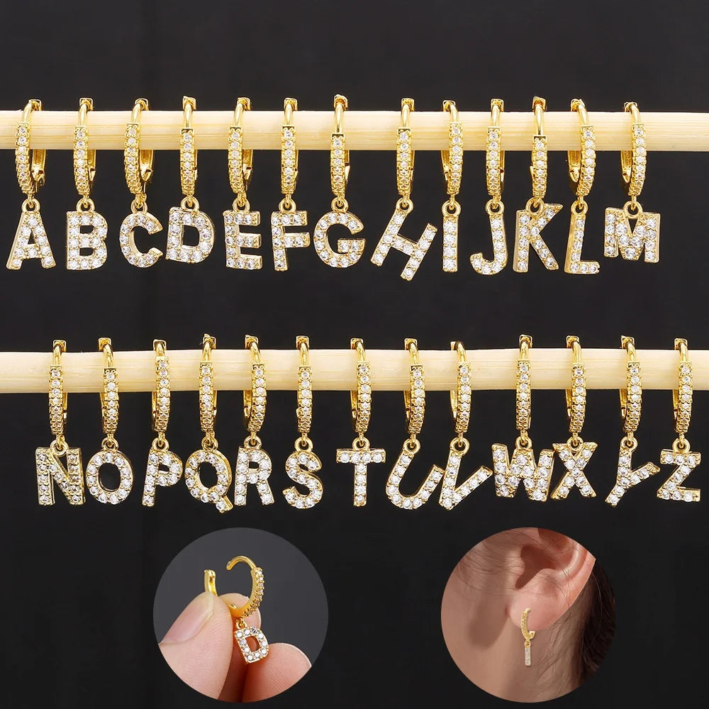 SSeeSY Custom Design Fashion Jewelry Hiphop 26 English Letter Earring Zircon Stud Gold Plated Brass Pendant Earrings for Women