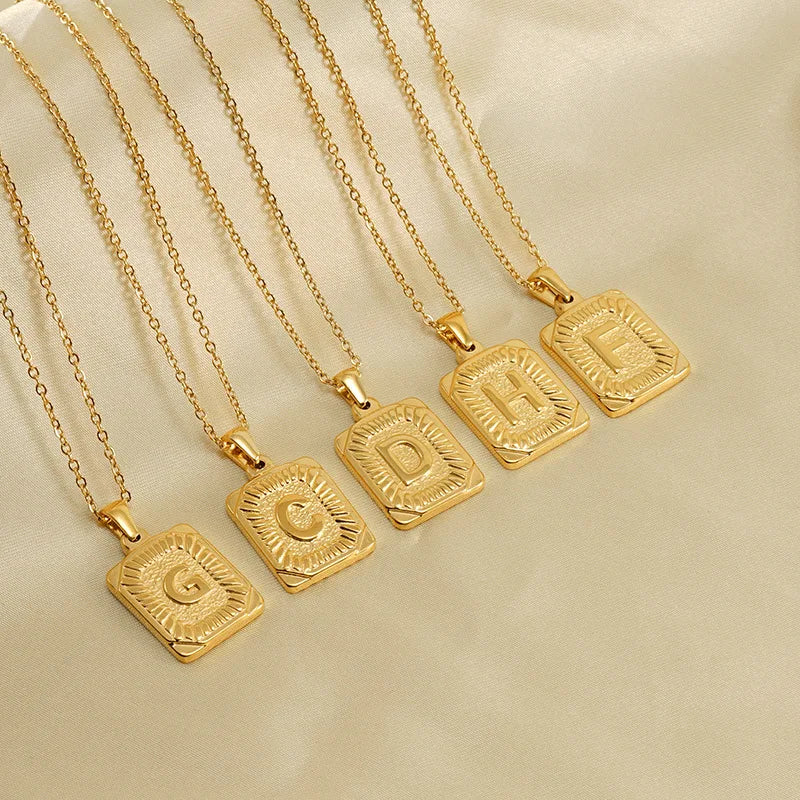 Popular Design 18K Gold Plated Square Brand Stainless Steel Alphabet Pendant Men's Hip Hop Fashion 26 Letter Charm bar Necklace