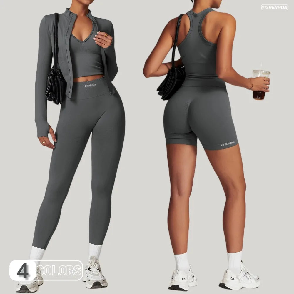 YISHENHON Yoga 5 Pcs Seamless Sets Quick Dry Tight Running Shock-Proof High Waist Sports Set for Women Outdoor Fitness Gym Wear