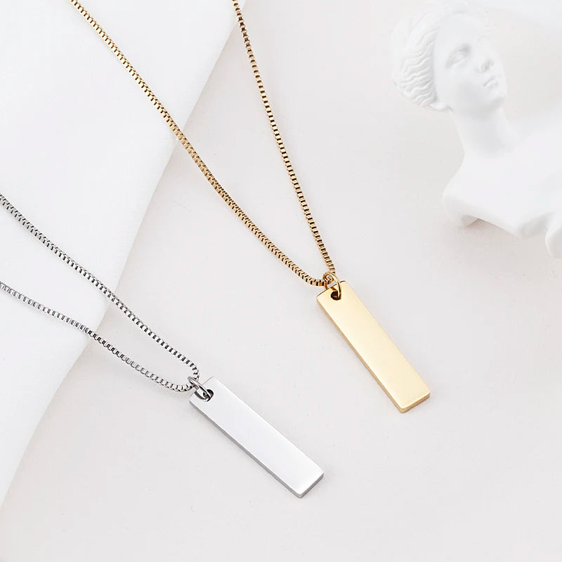 Custom Personality Engraved Name LOGO Letter Stainless Steel  Initial Gold Plated Rectangle Vertical Bar Rectangle Necklace