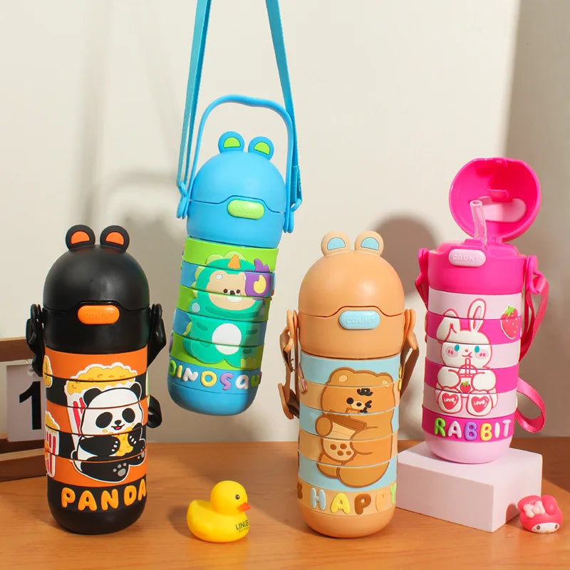 New Children's 304 Insulated Cup Water Cup with 430ml Shoulder Strap Cute Stainless Steel Insulated Bottle