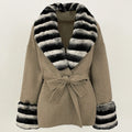 OFTBUY Women's Elegant Loose Casual Double-Faced Wool Blends Coat with Real Rabbit Sheep Fur Warm Belt for Spring Autumn Winter