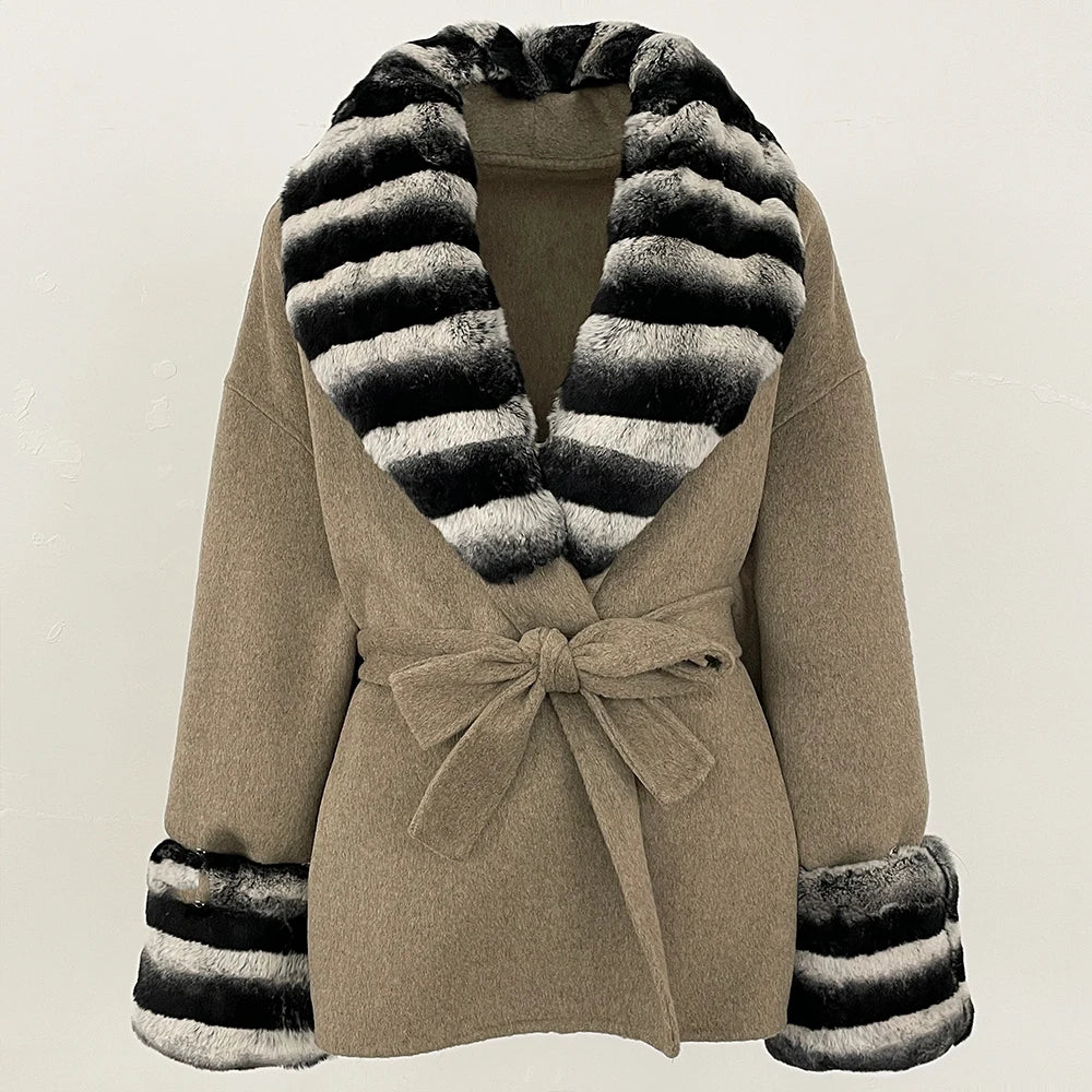 OFTBUY Women's Elegant Loose Casual Double-Faced Wool Blends Coat with Real Rabbit Sheep Fur Warm Belt for Spring Autumn Winter