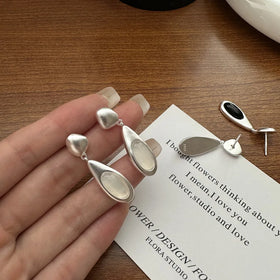 Vintage 925 Sterling Silver Black White Agate Long Tear Drop Earrings for Girls Women Fine Jewelry