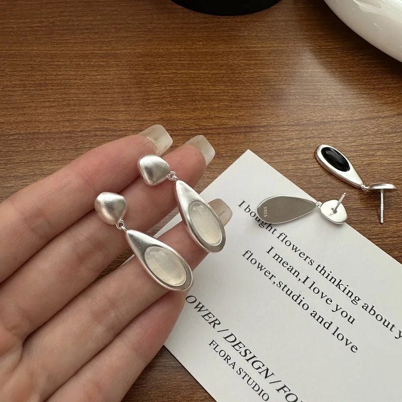 Vintage 925 Sterling Silver Black White Agate Long Tear Drop Earrings for Girls Women Fine Jewelry