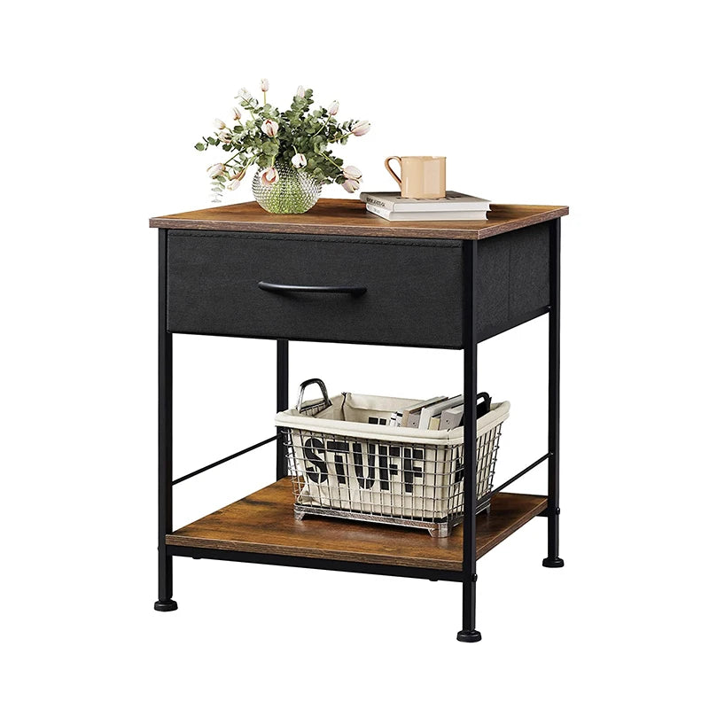KD Bedside Furniture with Storage Drawers and Open Wooden Frame Bedside Table with Steel Frame Side Table for Bedrooms Dorms
