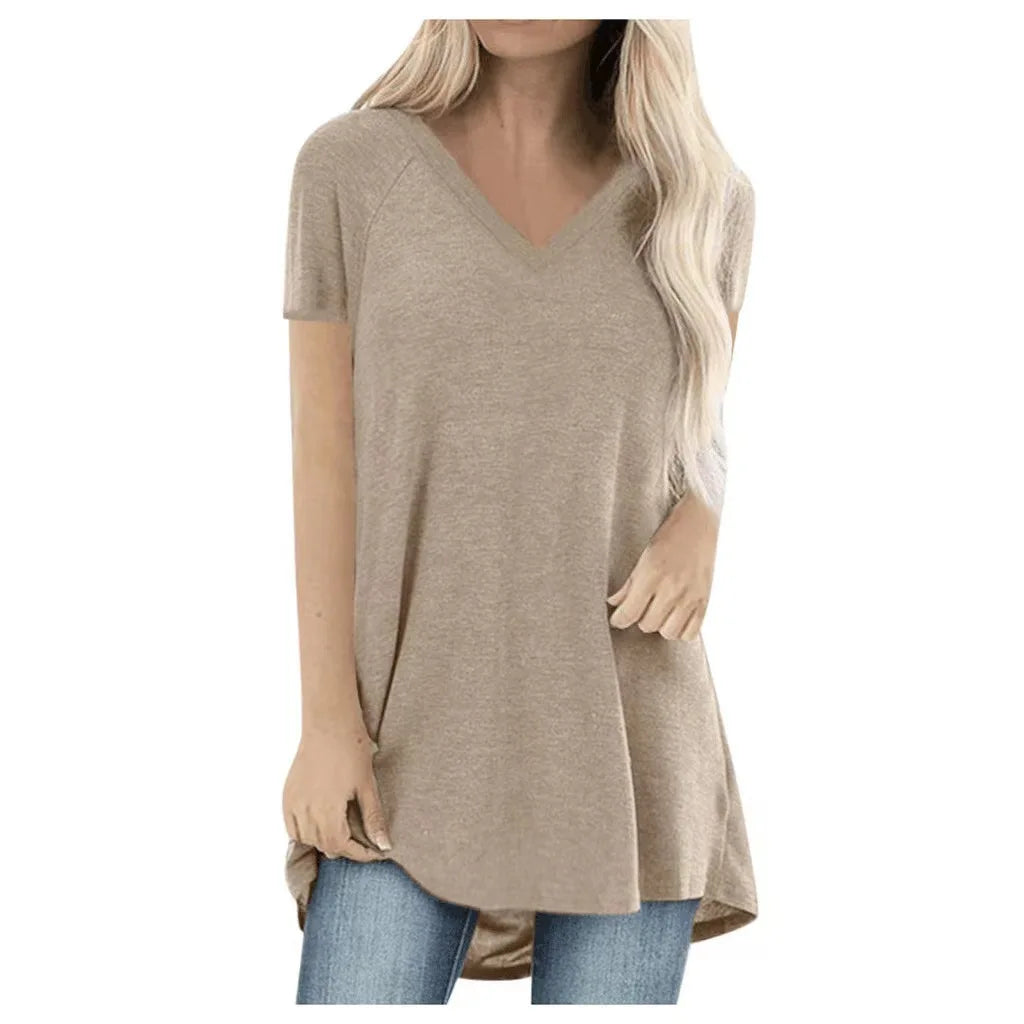 S-5XL Women's Cool Summer Solid Multi Color Top V-neck Short Sleeved Shirt