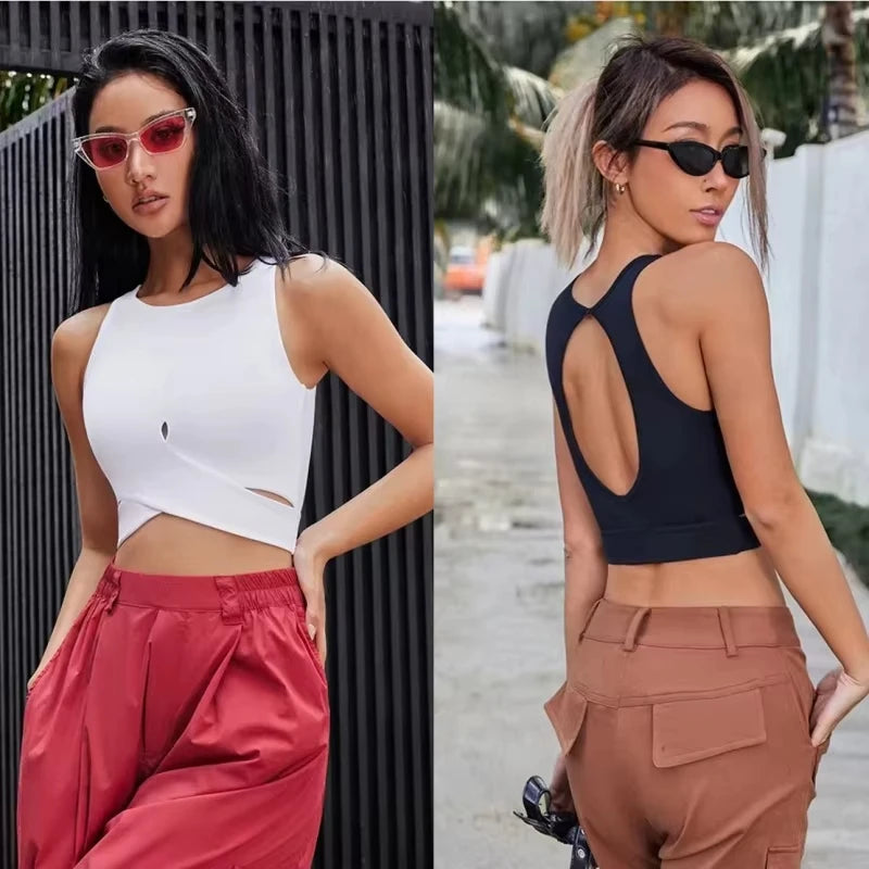 Back Hole Front Cross Lower Hem Wrapped Sports Tank Top Girls Padded Yoga Bras Fitness Gym Vest Tops
