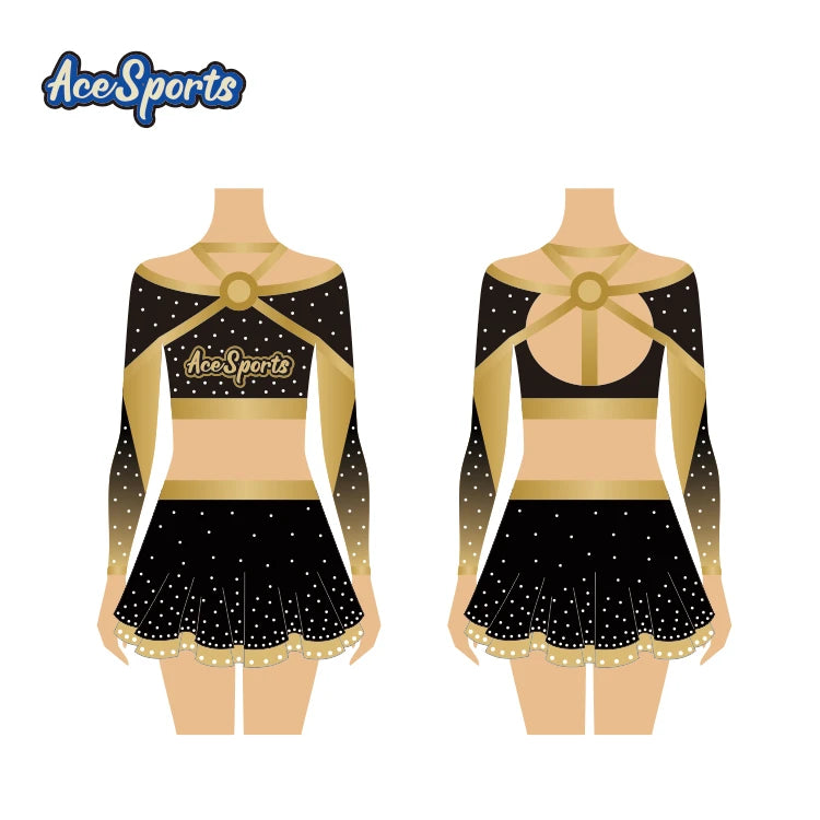 Ace Sports Professional Printed Rhinestone Long Sleeve Gymnastics Competition Leotards Shiny Teenagers Performance Wear