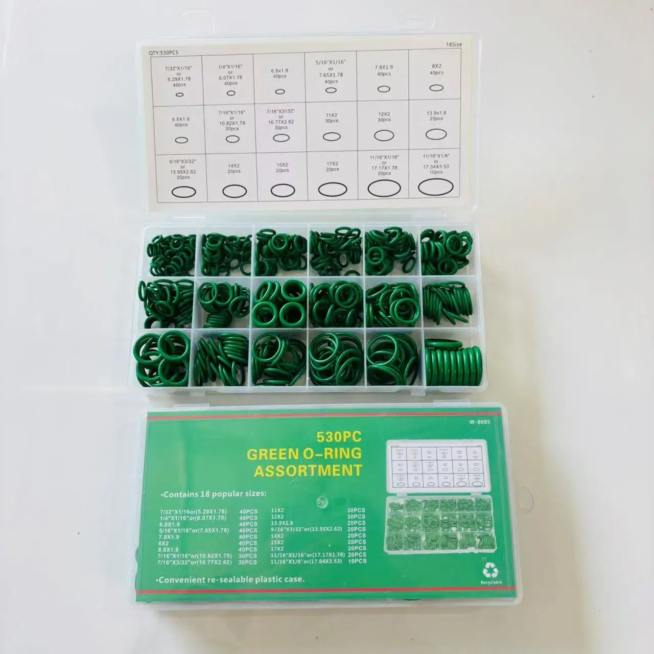 530pcs Car air Conditioning O-ring Repair Box 18 Grid Green Sealing Ring Wear Resistant High Temperature Resistance