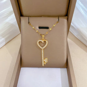 Fashion Gold Plated Stainless Steel Crystal Full Diamond Love Key Pendant Necklace for Women Girls Wedding Jewelry