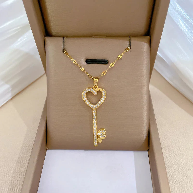 Fashion Gold Plated Stainless Steel Crystal Full Diamond Love Key Pendant Necklace for Women Girls Wedding Jewelry