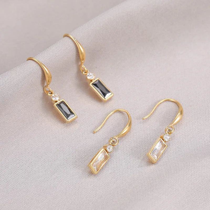 High Quality Cute Design Stainless Steel CZ Rectangle Dangle Pendant Earring for Women B-367