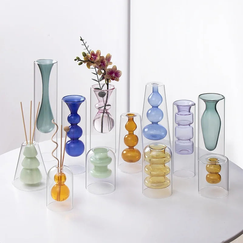 Colorful Double-Layer Mini Glass Vase Modern Fire-Free Transparent Glass Art Aromatherapy Bottle for Hydroponic Restaurant
