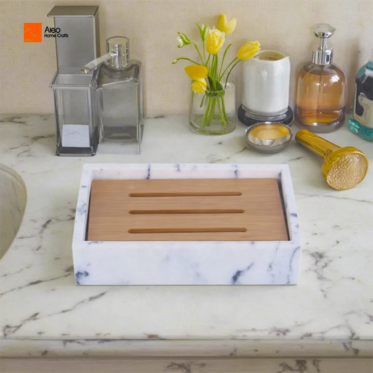 Wholesale Modern Large Rectangle Bathroom Soap Holder White Polyresin Marble with Bamboo Accessory Drain Rectangle Soap Dish