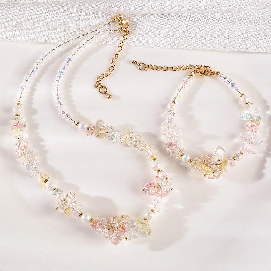 Trendy Watermelon Crystal Necklace Dainty Baroque Pearls Beaded Necklace Clear Quartz Jewelry Set for Women Girls Party Gift